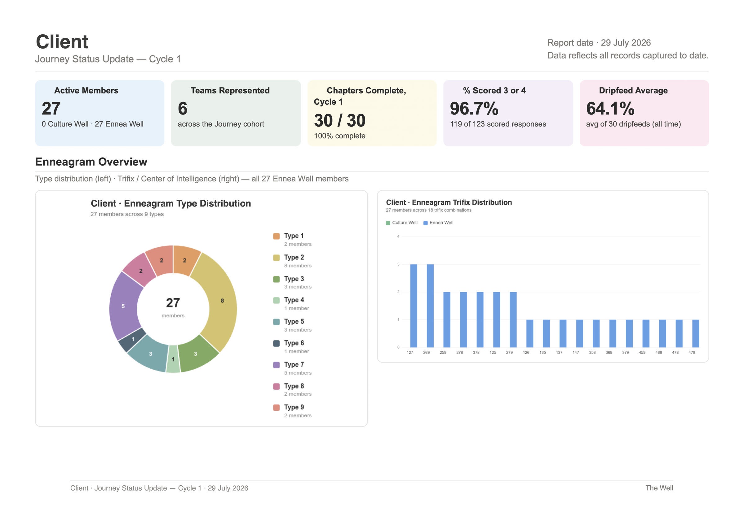 A company report generated by the AI Skills. Client and team lead names replaced.